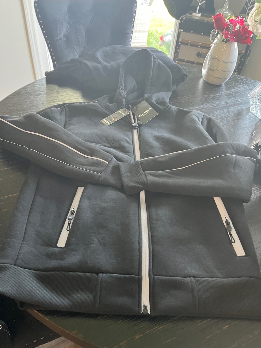 Blu Rock Men's Black Hooded Zip Jacket with White Trim. S